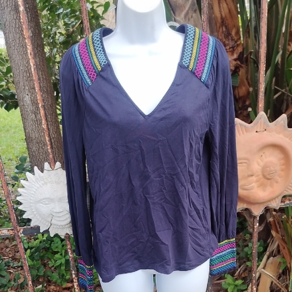 Boden Indigo Blue Embroidered Long Sleeve V-neck Top Size 6